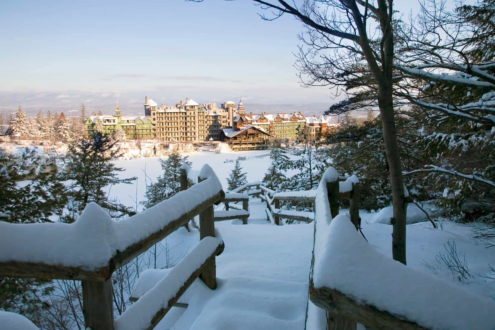 Mohonk Mountain House and Lake covered in snow